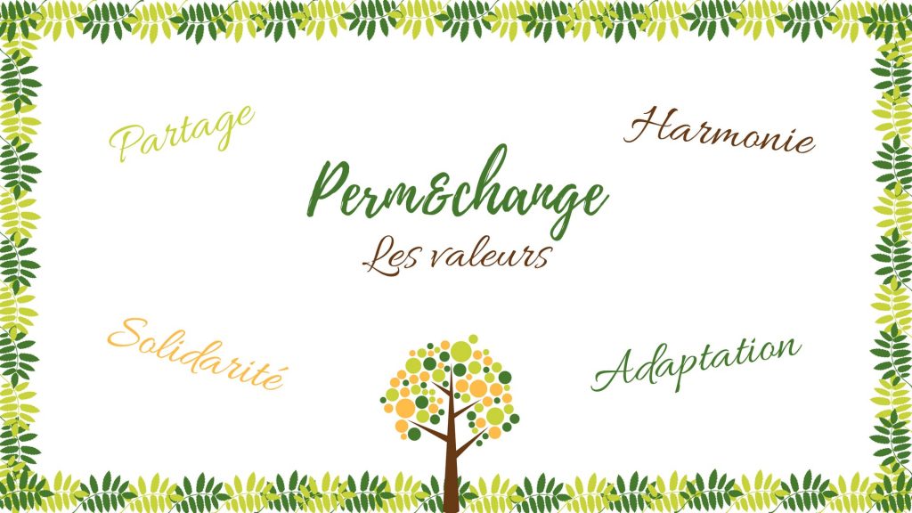 Quelques valeurs du projet Perm&change: Solidarite, Partage, Hamonie et Adaptation.